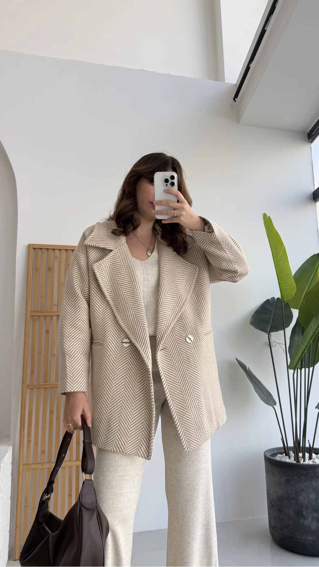 Monica Balık Sırtı Desen Kaban Camel