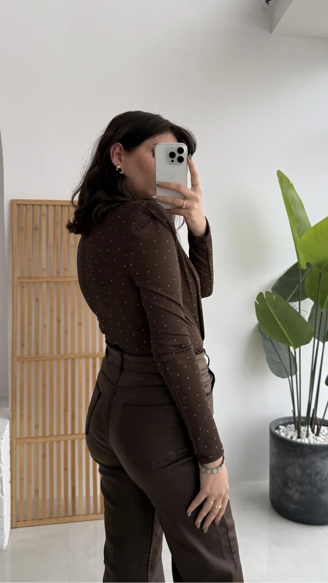 Monica Vatkalı Taşlı Bodysuit Kahverengi