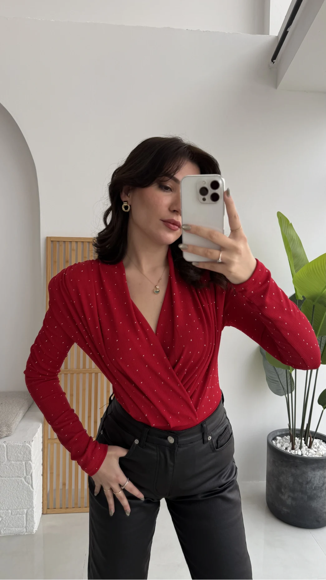 Monica Vatkalı Taşlı Bodysuit Kırmızı