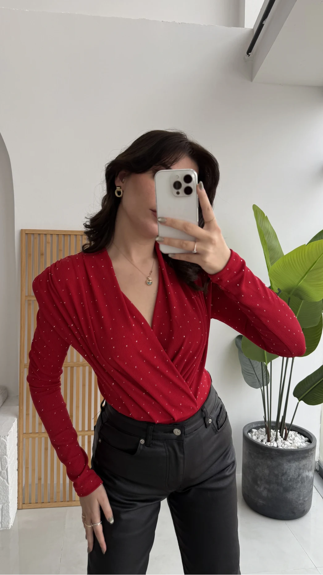 Monica Vatkalı Taşlı Bodysuit Kırmızı