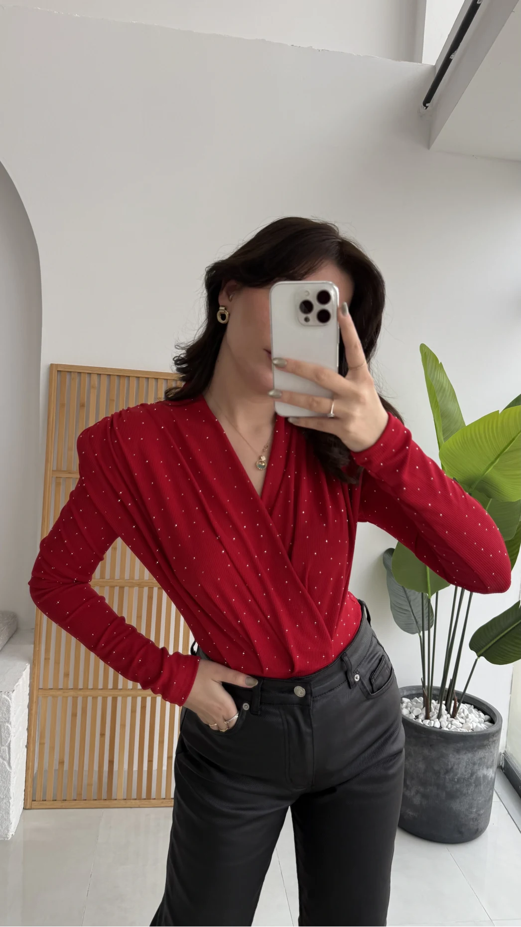 Monica Vatkalı Taşlı Bodysuit Kırmızı