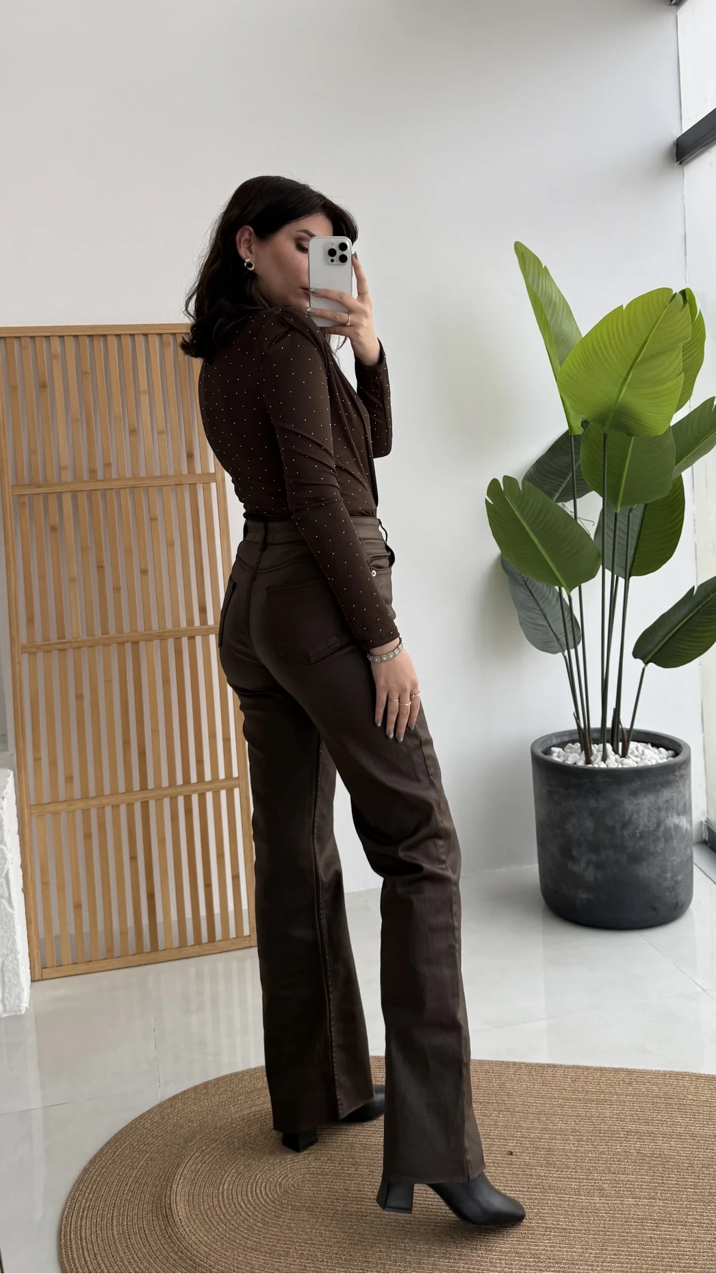 Mumlu Deri Straight Acı Kahve Jean Pantolon - Kod: 1701