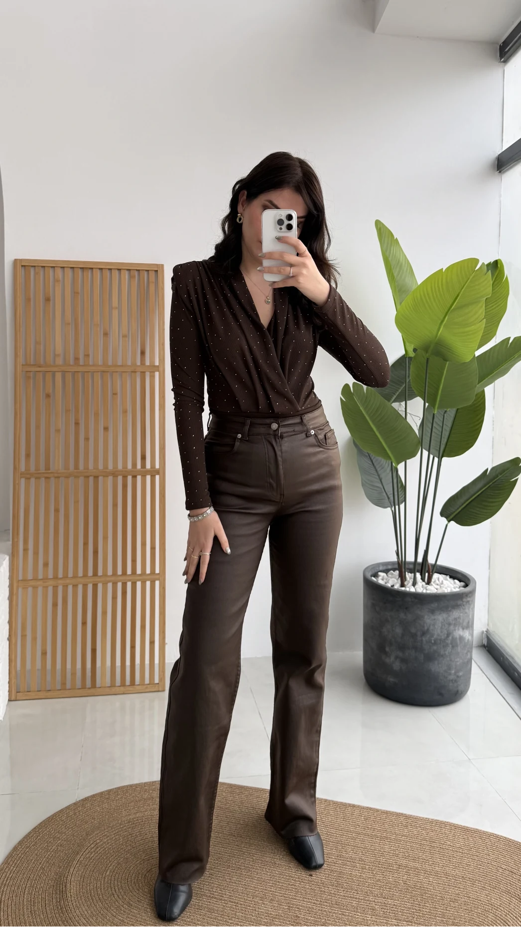 Mumlu Deri Straight Acı Kahve Jean Pantolon - Kod: 1701