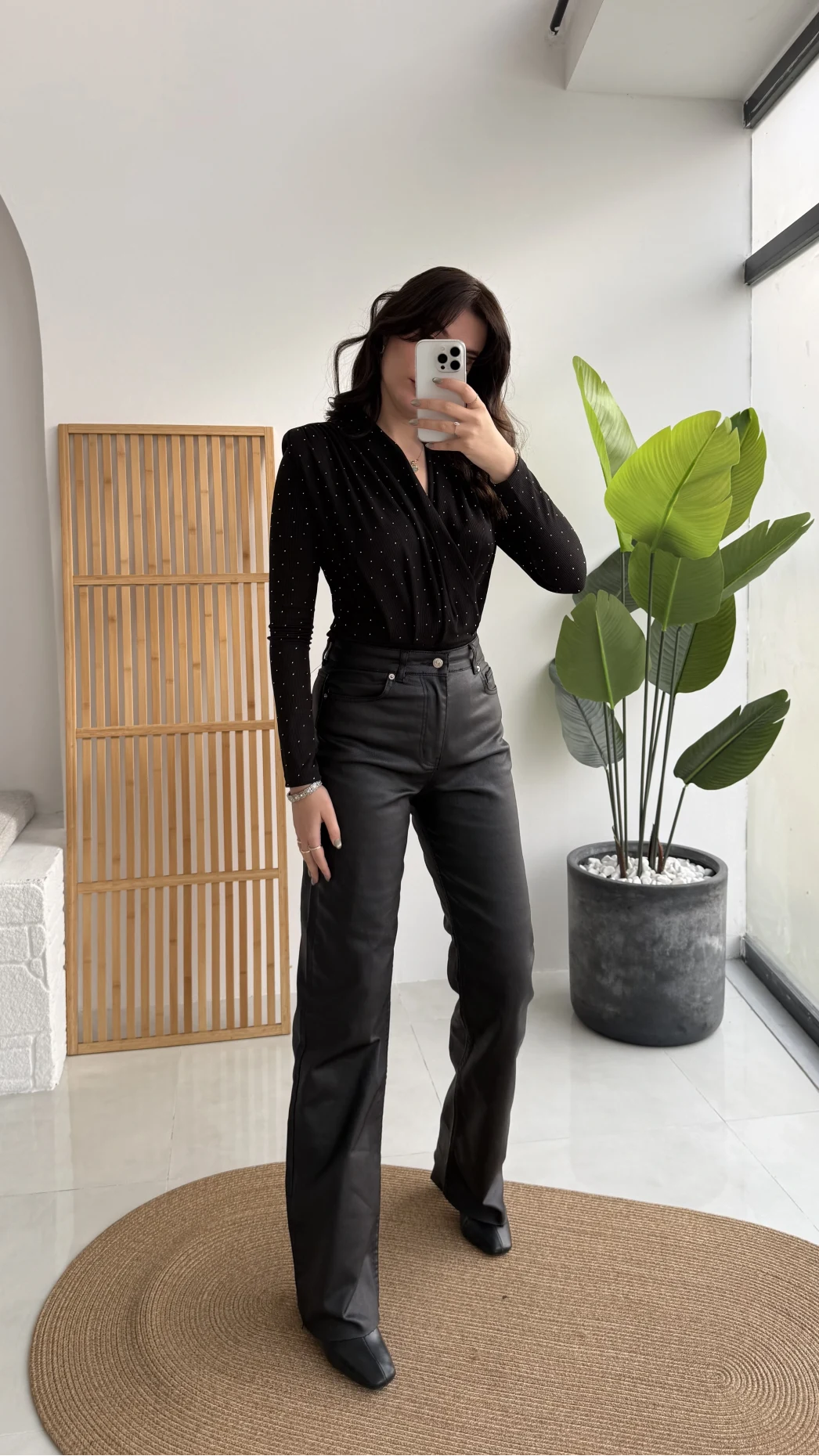 Mumlu Deri Straight Siyah Jean Pantolon - Kod: 1703