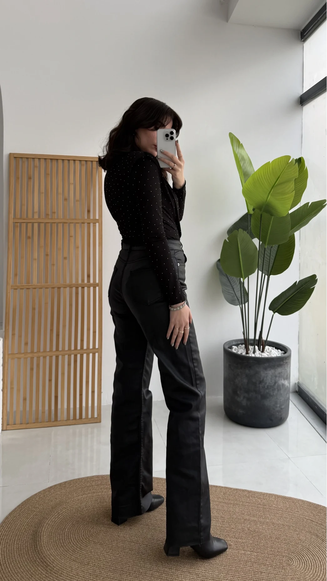 Mumlu Deri Straight Siyah Jean Pantolon - Kod: 1703