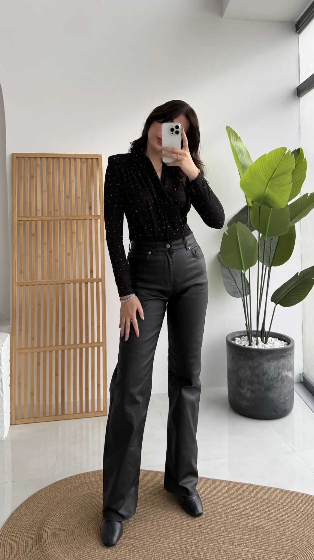 Mumlu Deri Straight Siyah Jean Pantolon - Kod: 1703