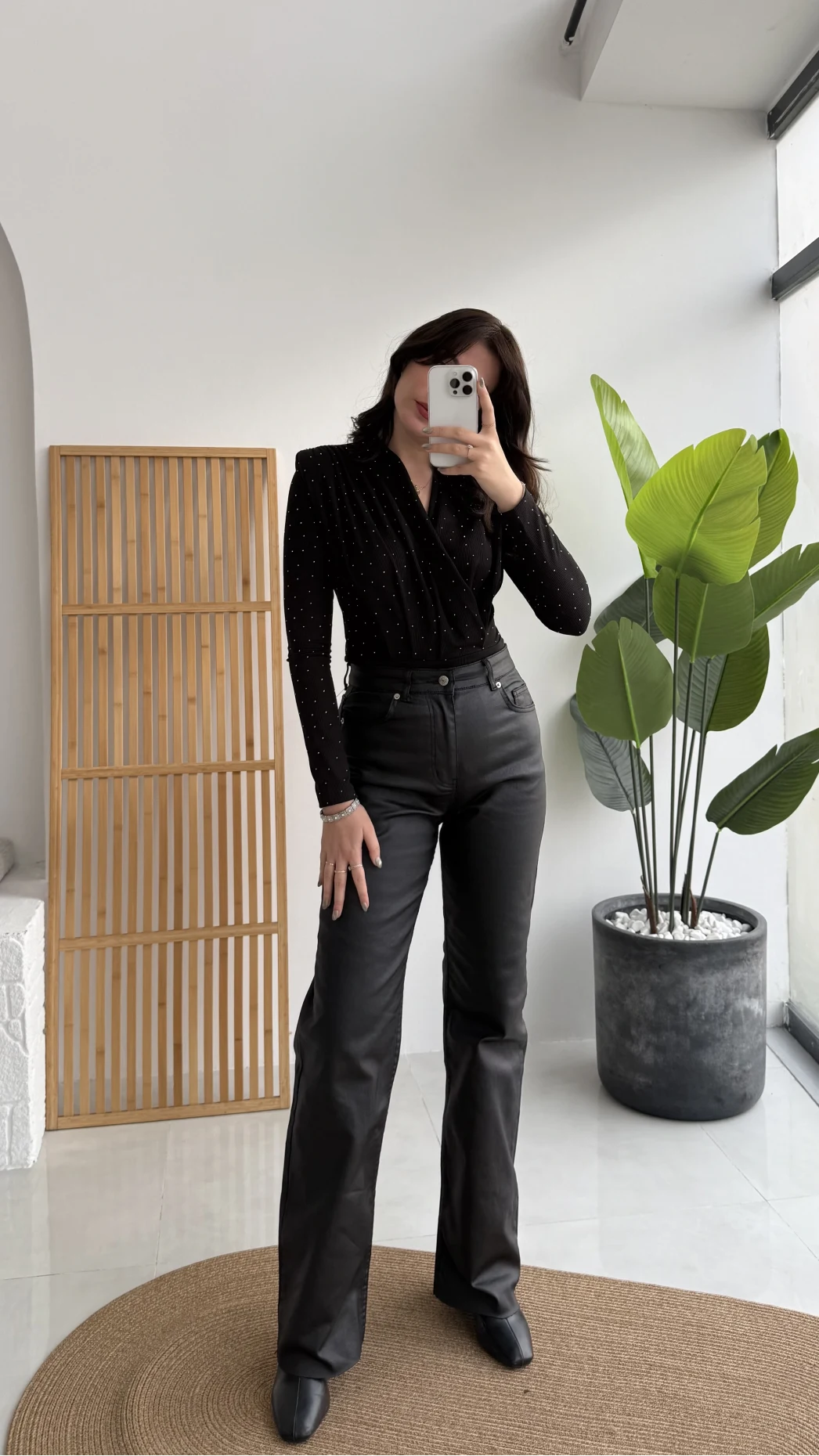 Mumlu Deri Straight Siyah Jean Pantolon - Kod: 1703