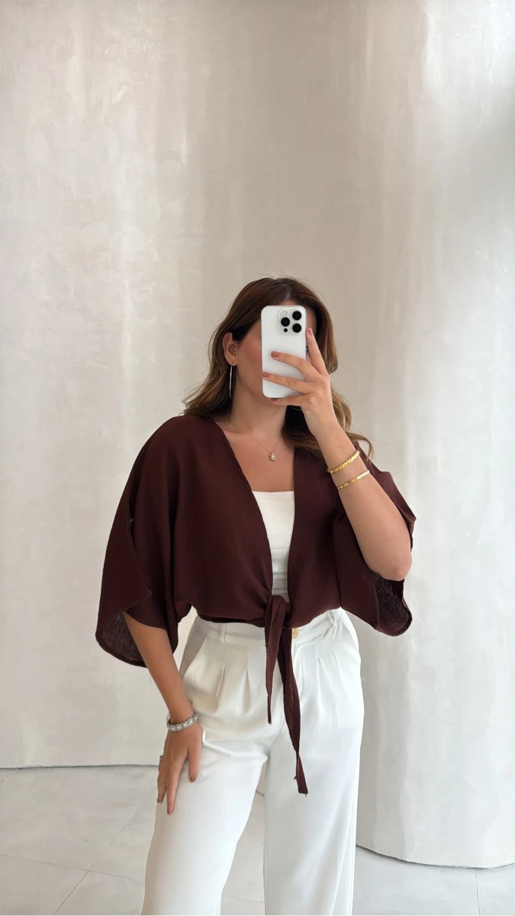 Müslin Bağlamalı Crop Bluz - Kahve - Kod: 4729