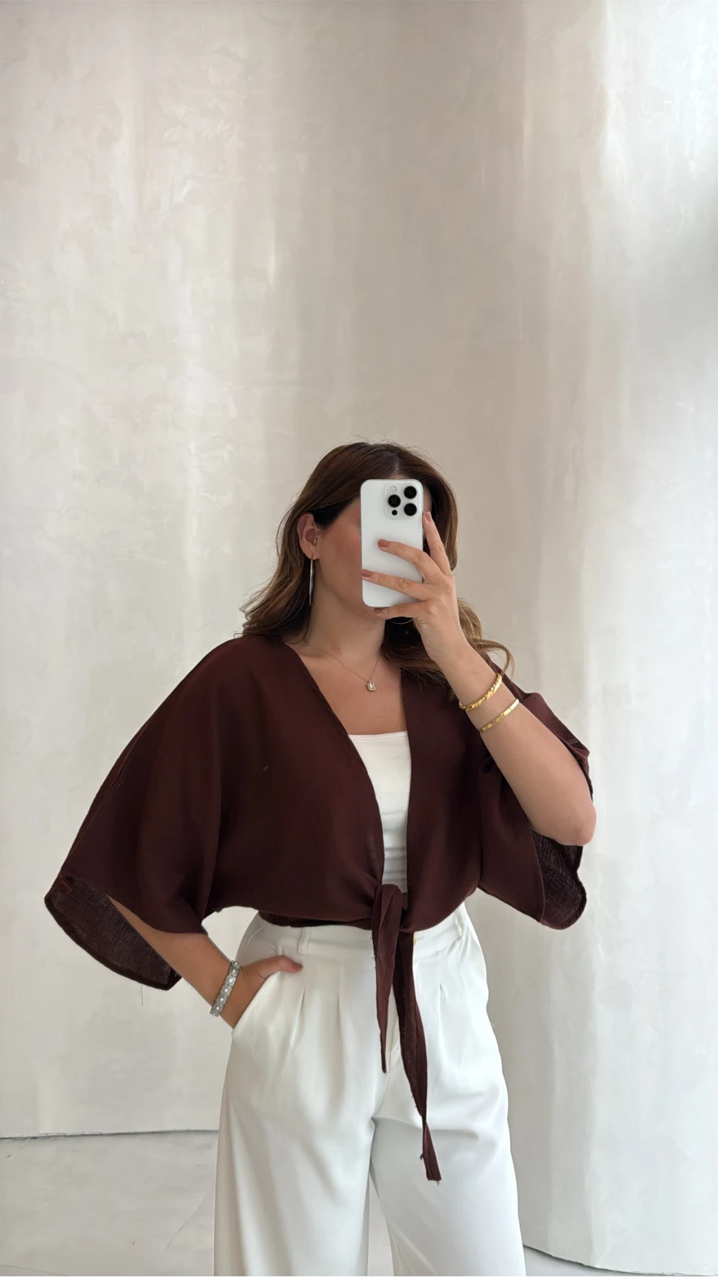 Müslin Bağlamalı Crop Bluz - Kahve - Kod: 4729