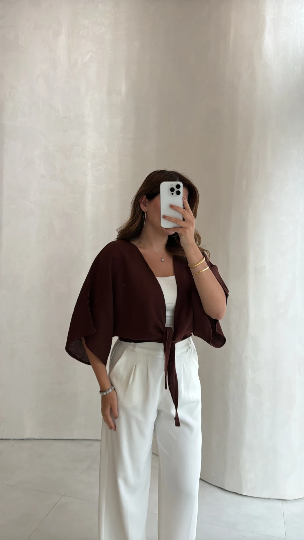 Müslin Bağlamalı Crop Bluz - Kahve - Kod: 4729