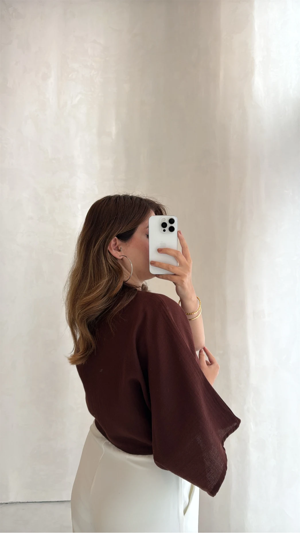 Müslin Bağlamalı Crop Bluz - Kahve - Kod: 4729