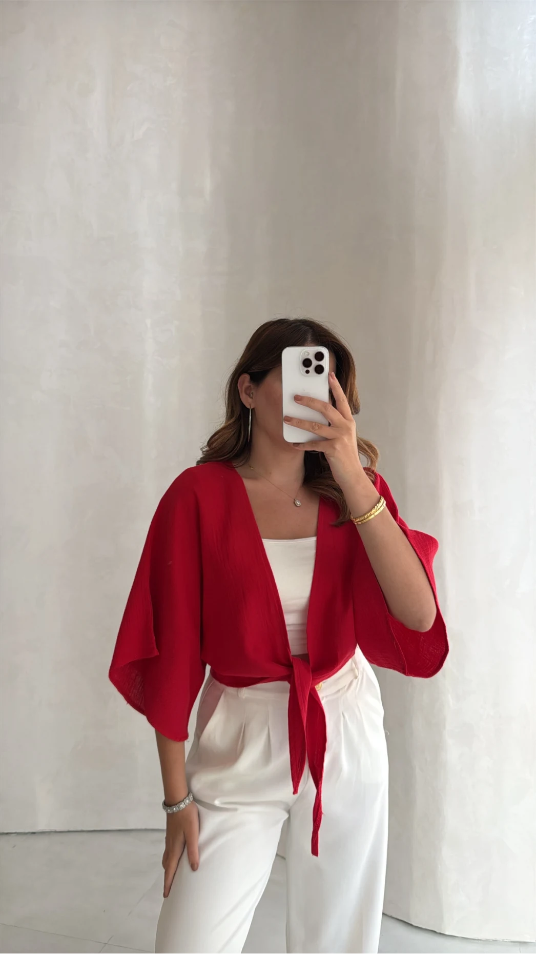 Müslin Bağlamalı Crop Bluz - Kırmızı - Kod: 4729
