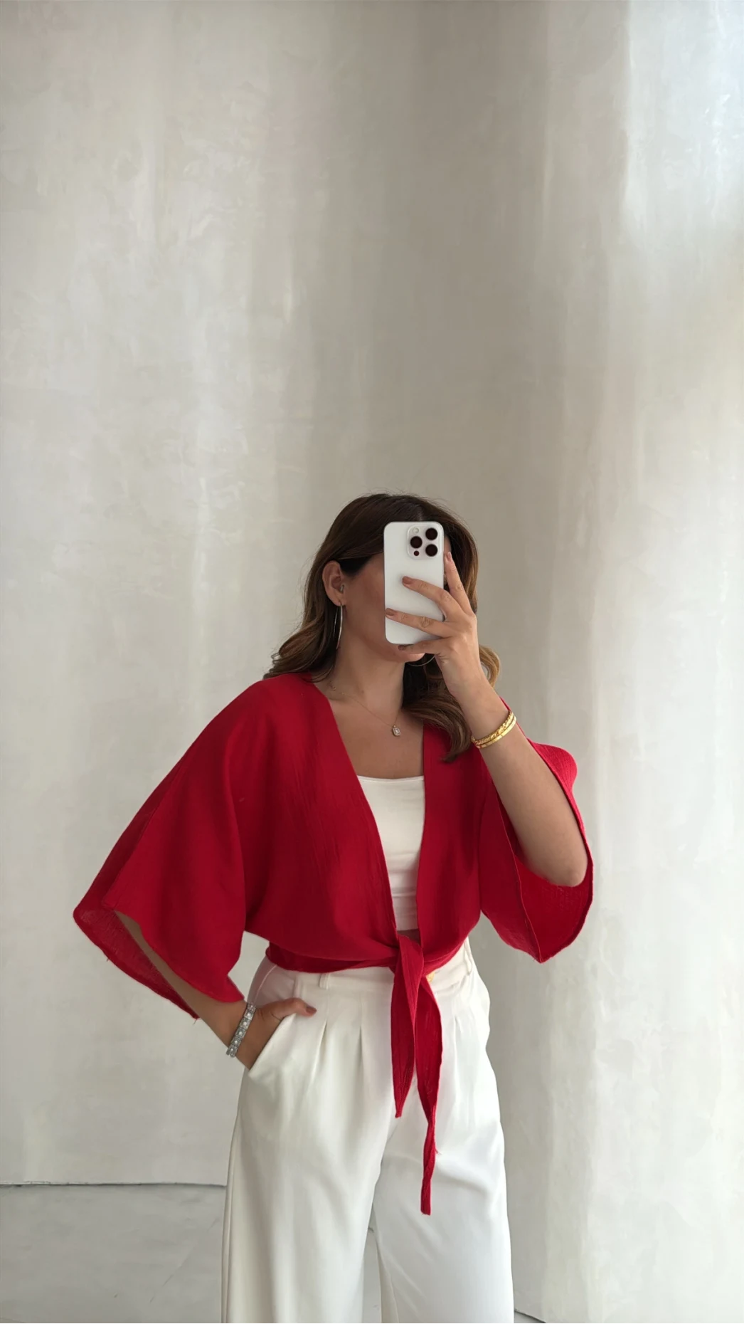 Müslin Bağlamalı Crop Bluz - Kırmızı - Kod: 4729