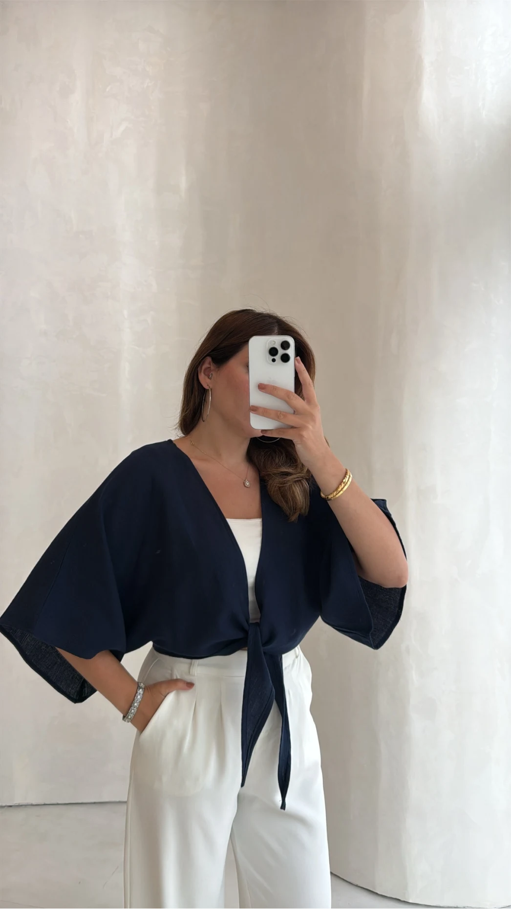 Müslin Bağlamalı Crop Bluz - Lacivert - Kod: 4729