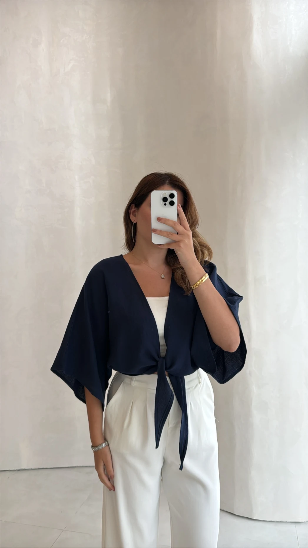 Müslin Bağlamalı Crop Bluz - Lacivert - Kod: 4729