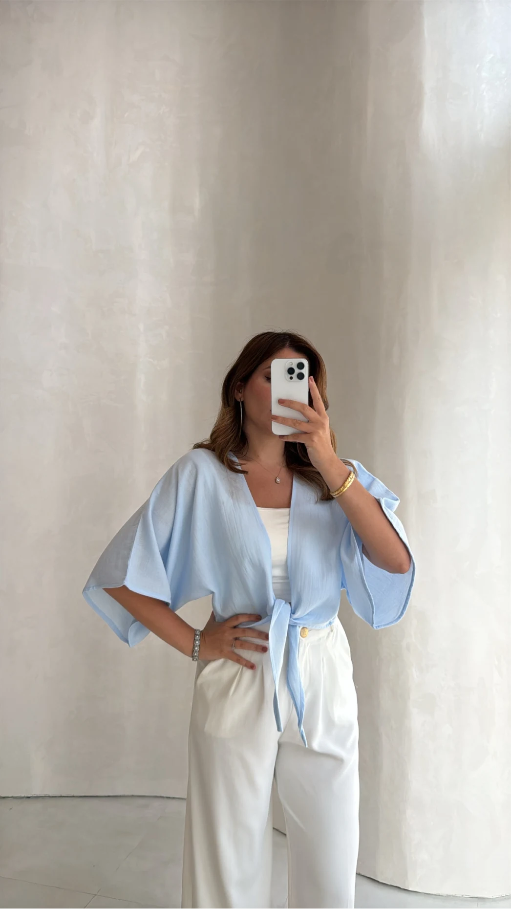 Müslin Bağlamalı Crop Bluz - Mavi - Kod: 4729