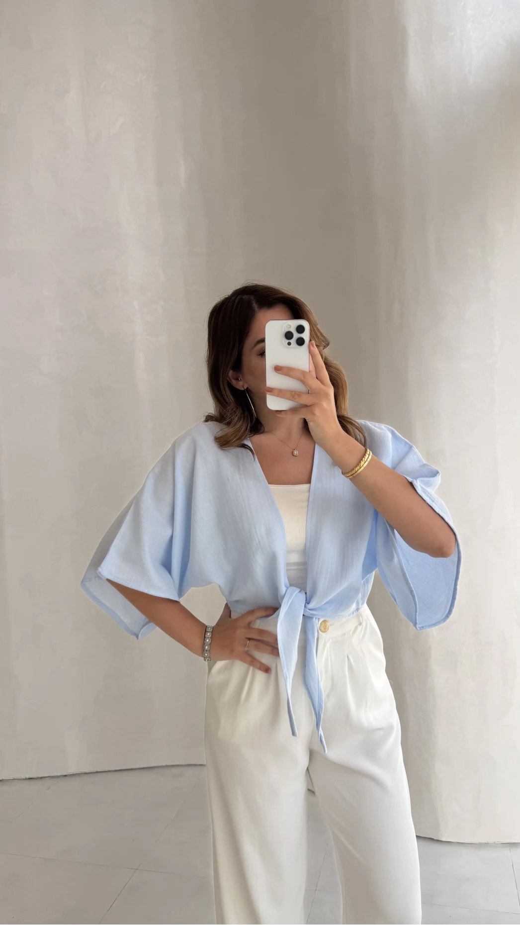 Müslin Bağlamalı Crop Bluz - Mavi - Kod: 4729