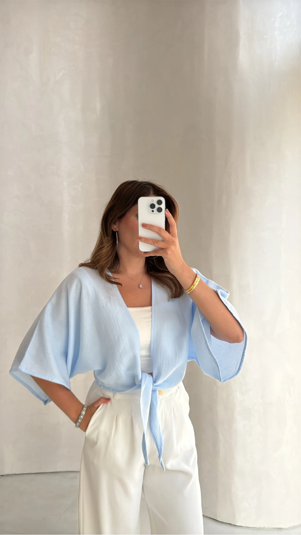 Müslin Bağlamalı Crop Bluz - Mavi - Kod: 4729