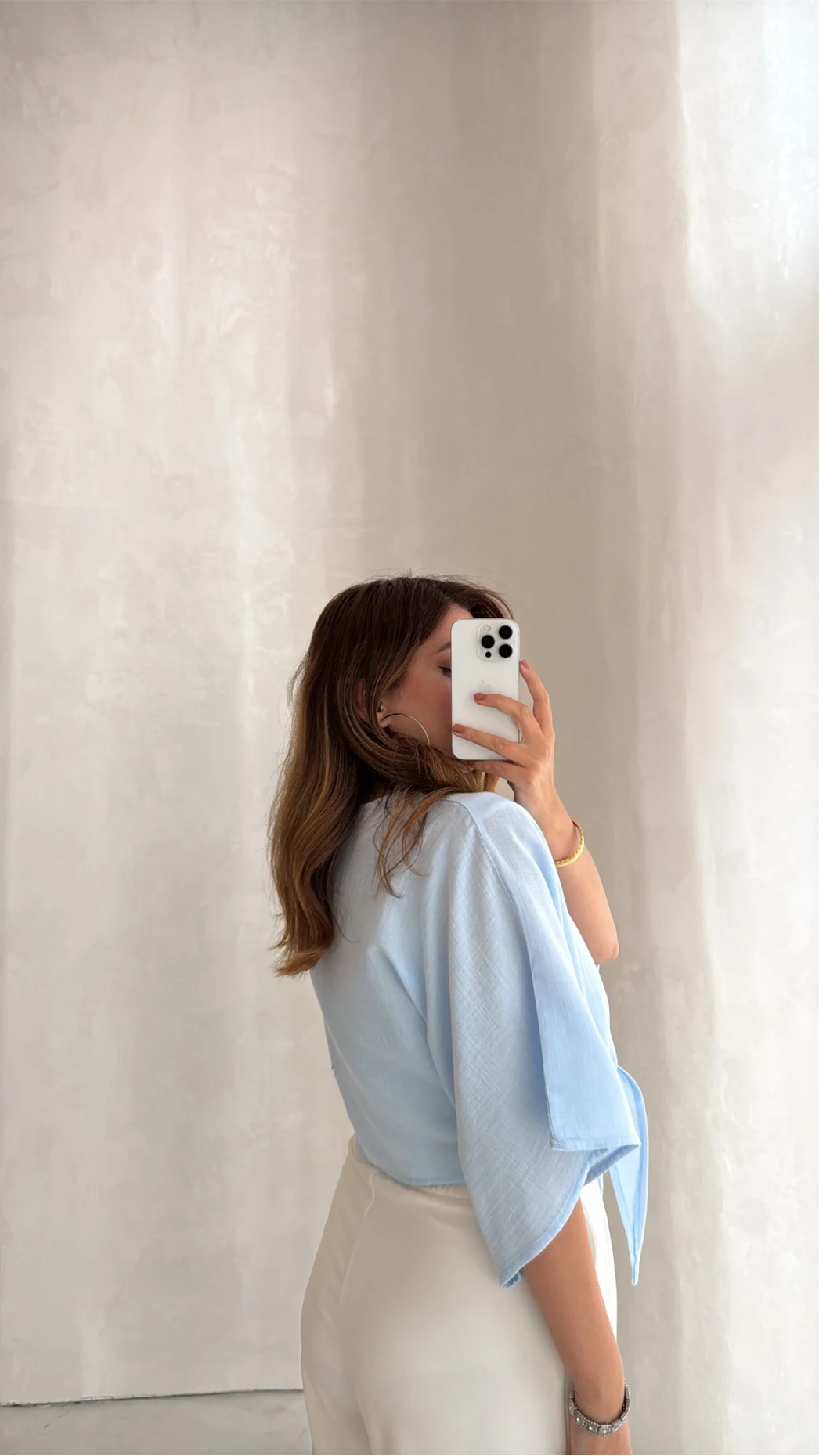 Müslin Bağlamalı Crop Bluz - Mavi - Kod: 4729