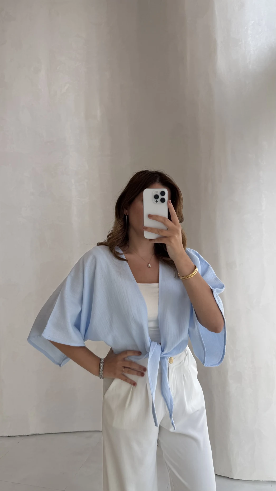 Müslin Bağlamalı Crop Bluz - Mavi - Kod: 4729