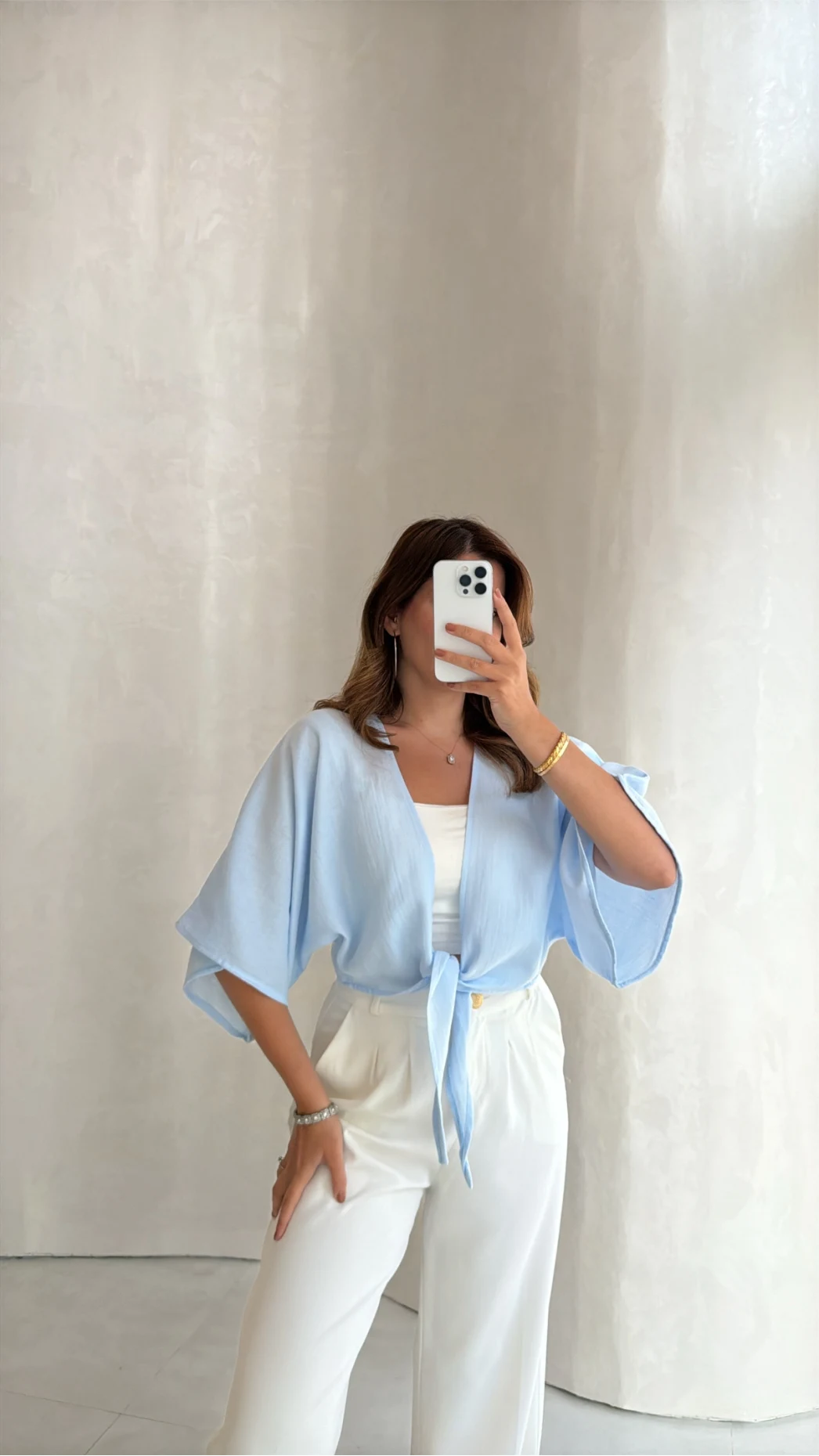 Müslin Bağlamalı Crop Bluz - Mavi - Kod: 4729