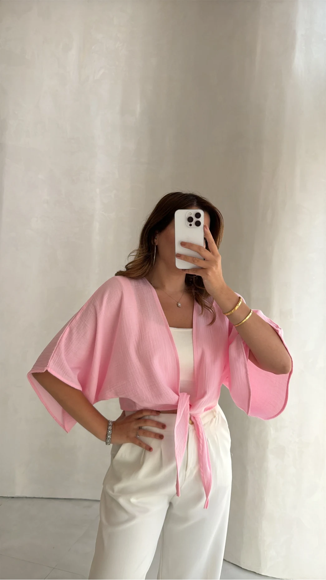 Müslin Bağlamalı Crop Bluz - Pembe - Kod: 4729