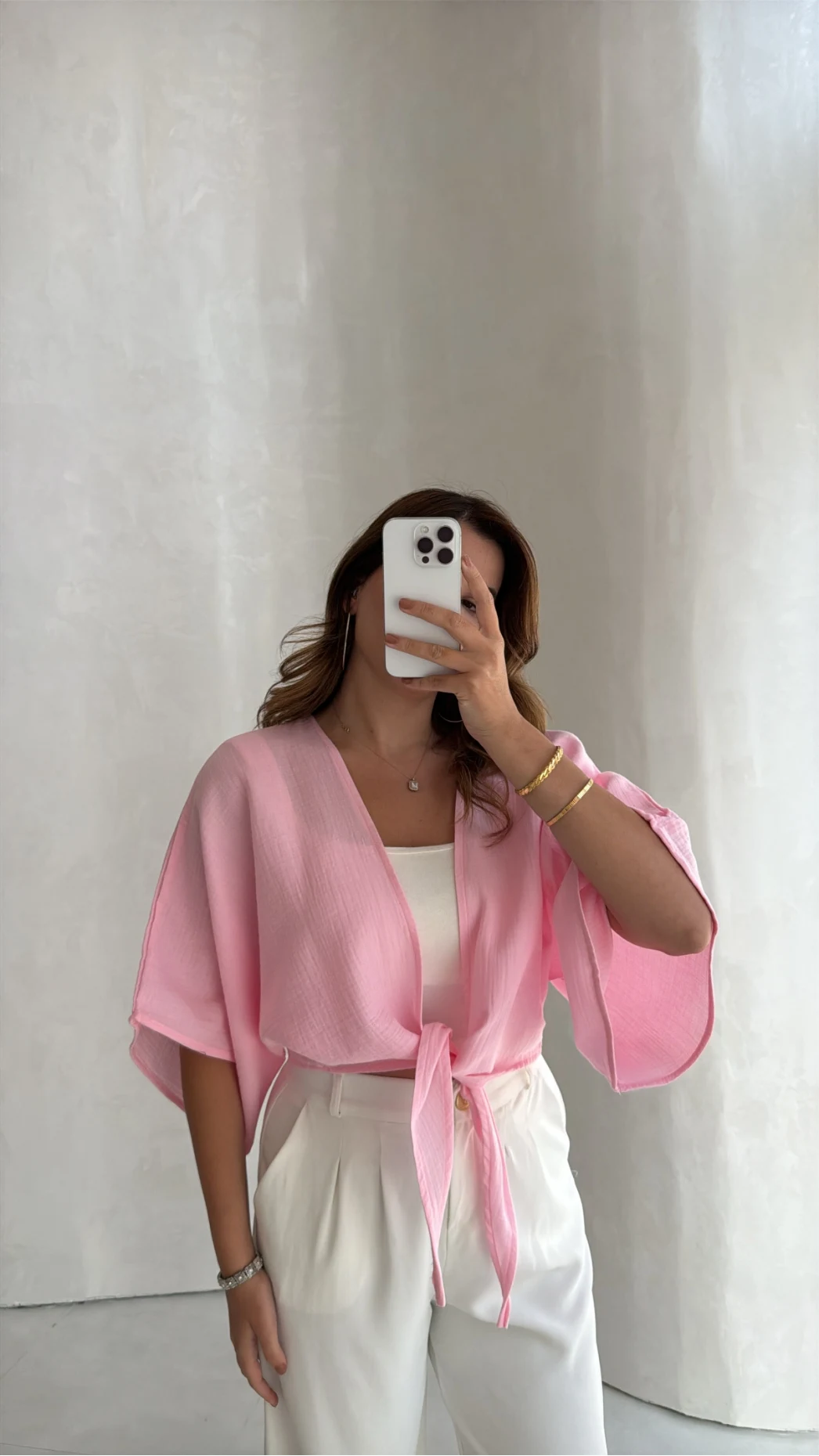Müslin Bağlamalı Crop Bluz - Pembe - Kod: 4729