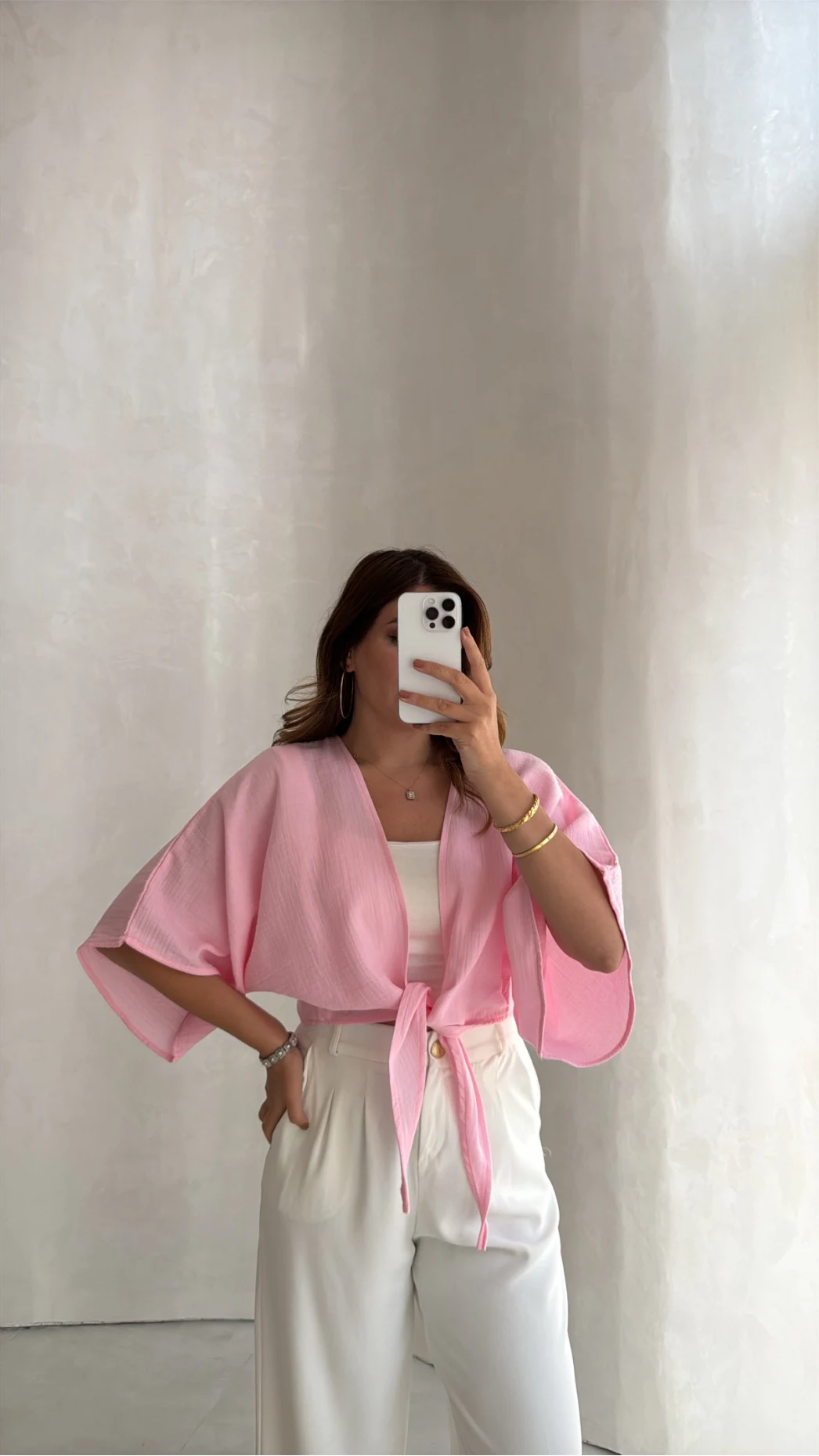 Müslin Bağlamalı Crop Bluz - Pembe - Kod: 4729