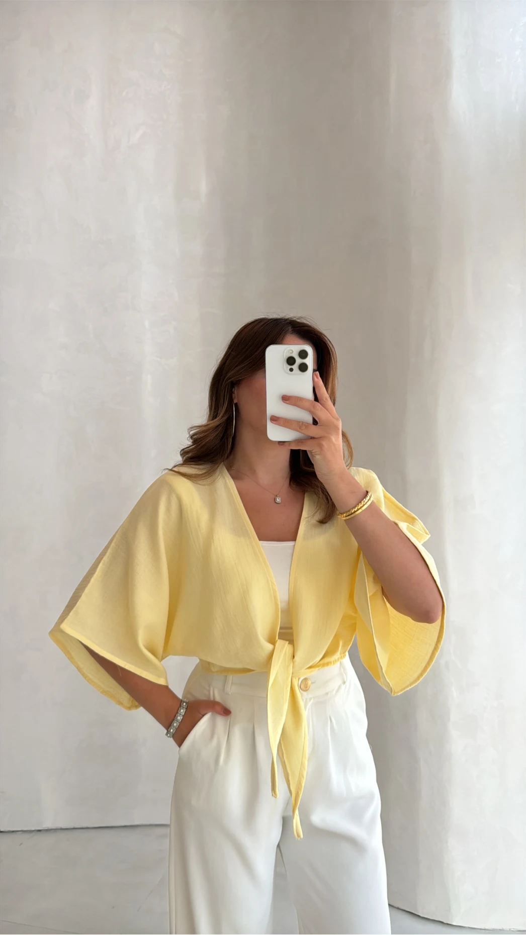 Müslin Bağlamalı Crop Bluz - Sarı - Kod: 4729
