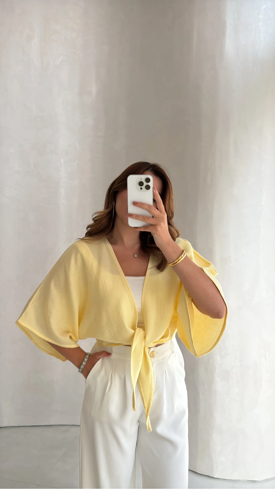 Müslin Bağlamalı Crop Bluz - Sarı - Kod: 4729