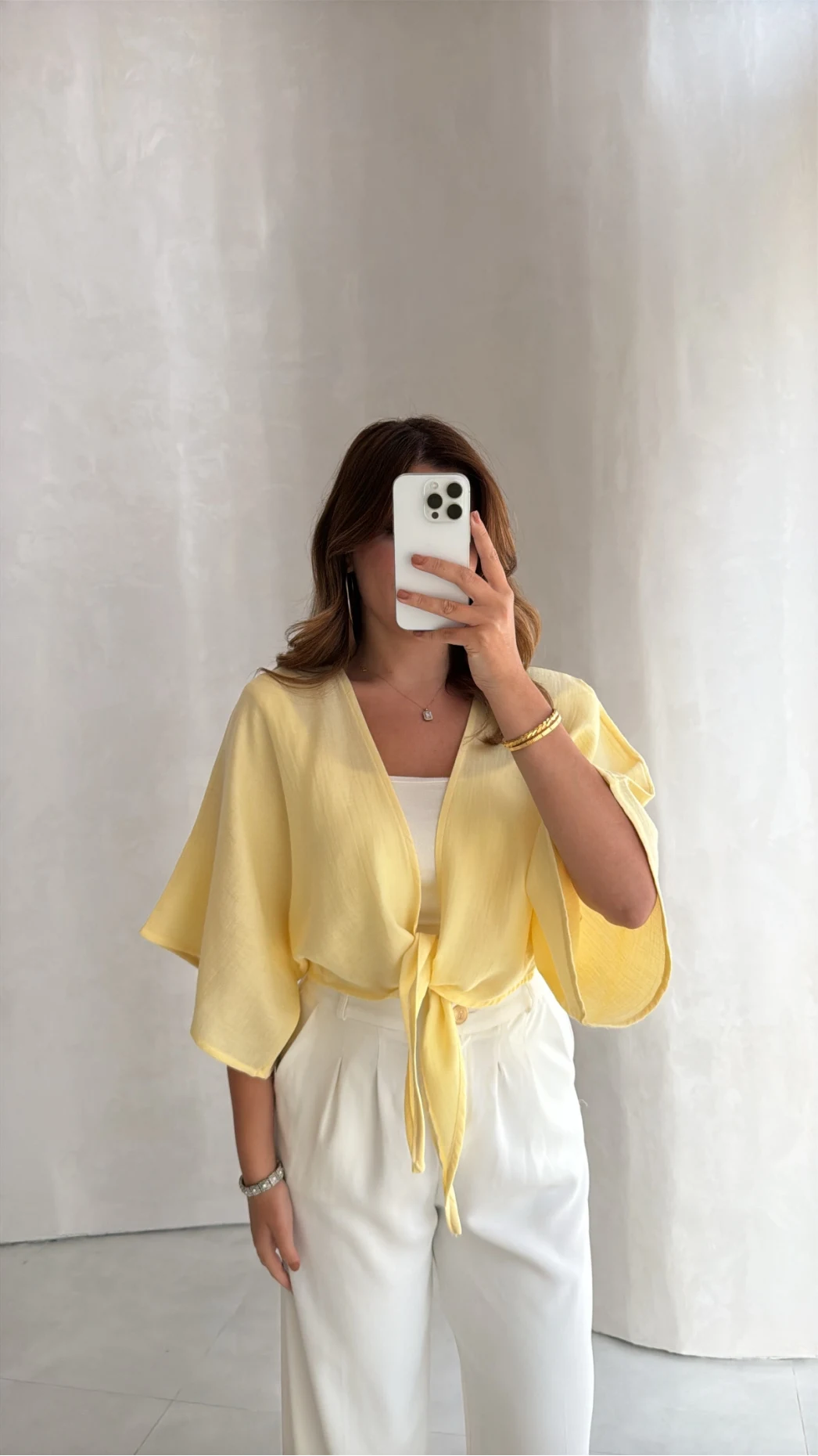 Müslin Bağlamalı Crop Bluz - Sarı - Kod: 4729