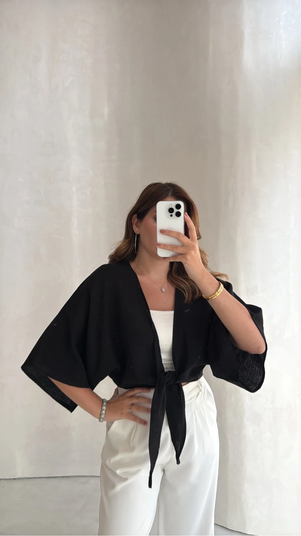 Müslin Bağlamalı Crop Bluz - Siyah - Kod: 4729