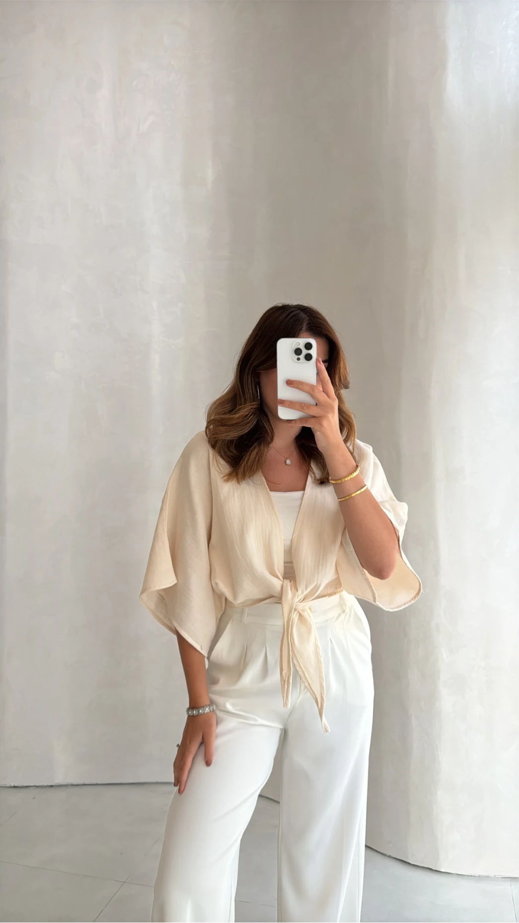 Müslin Bağlamalı Crop Bluz - Taş - Kod: 4729
