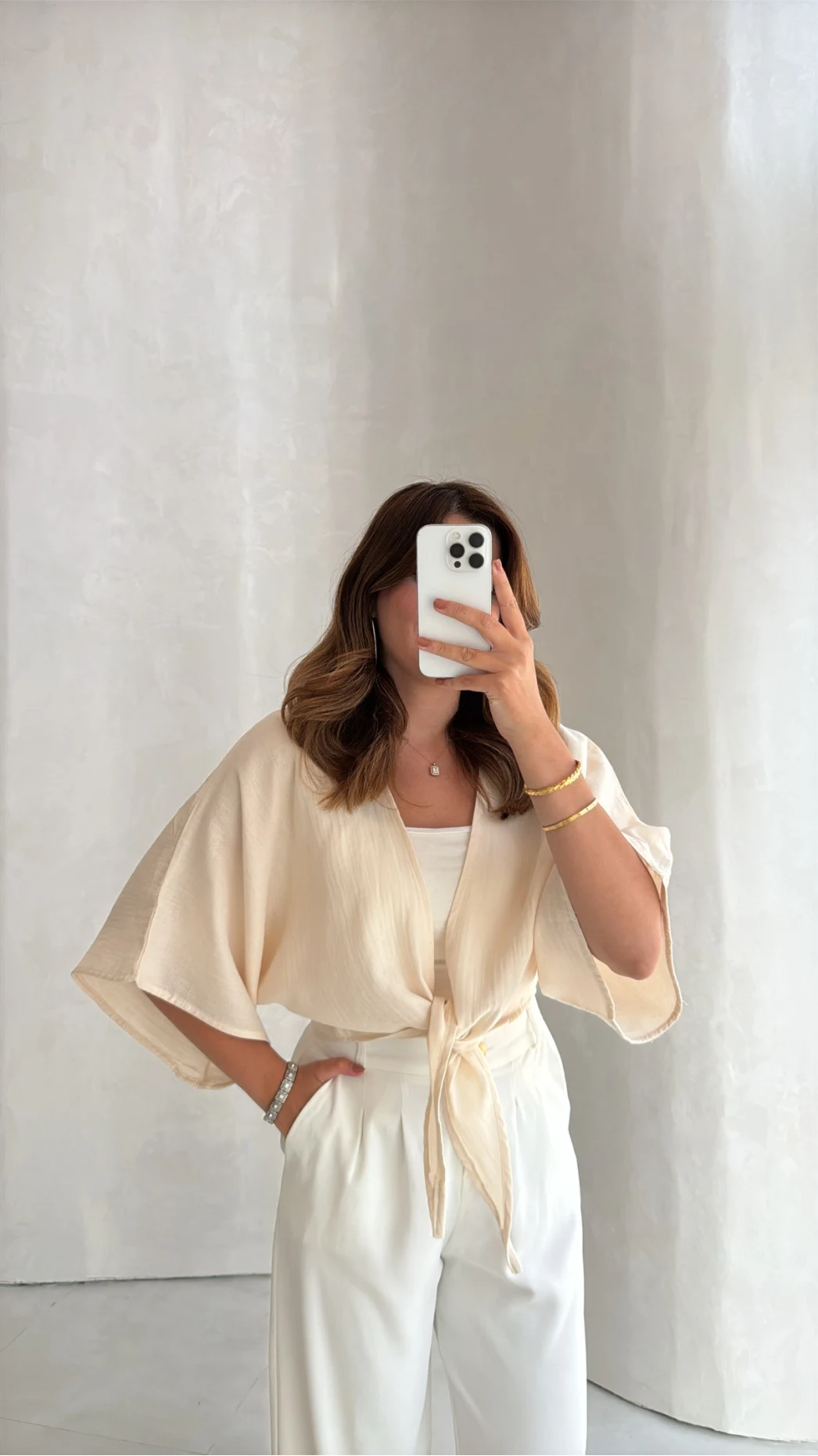Müslin Bağlamalı Crop Bluz - Taş - Kod: 4729