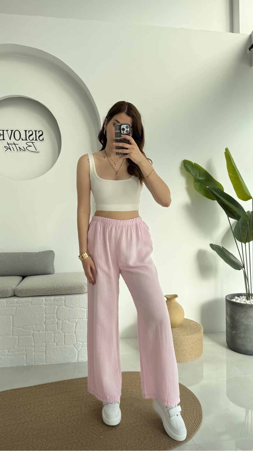 Müslin Cepli Pantolon Pembe 0448