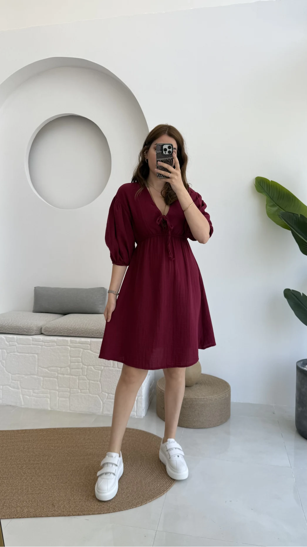 Müslin Kısa Becca Elbise Bordo