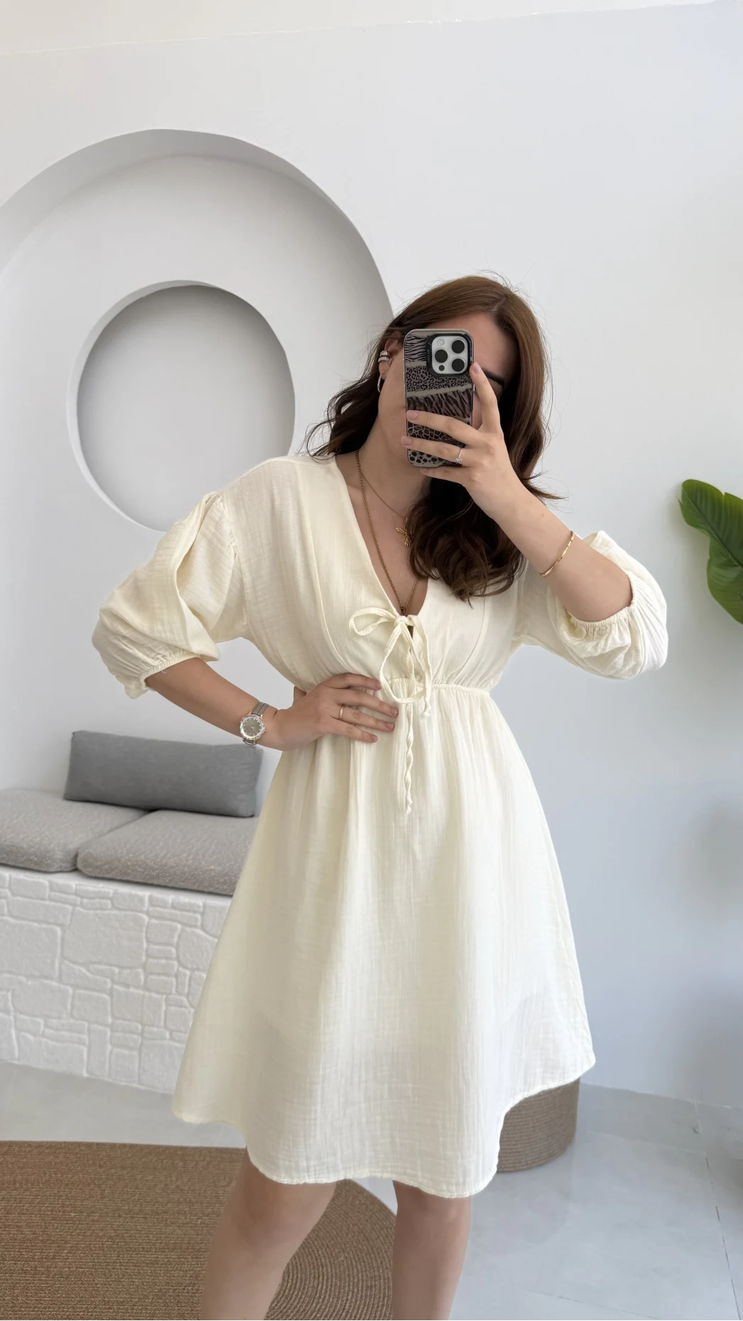 Müslin Kısa Becca Elbise Ekru