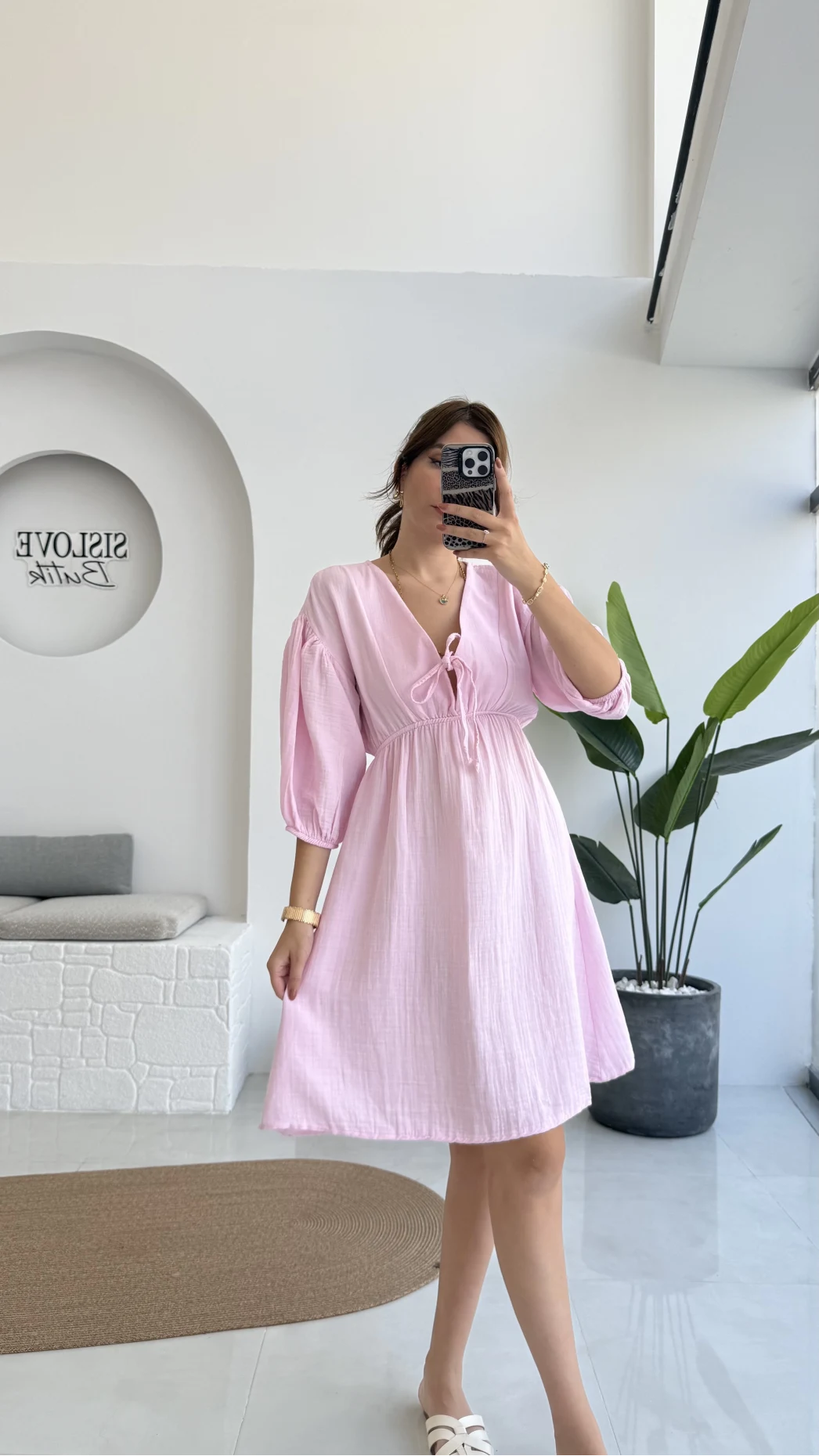 Müslin Kısa Becca Elbise Pembe