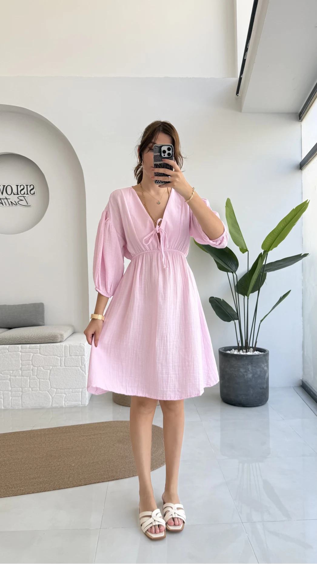 Müslin Kısa Becca Elbise Pembe