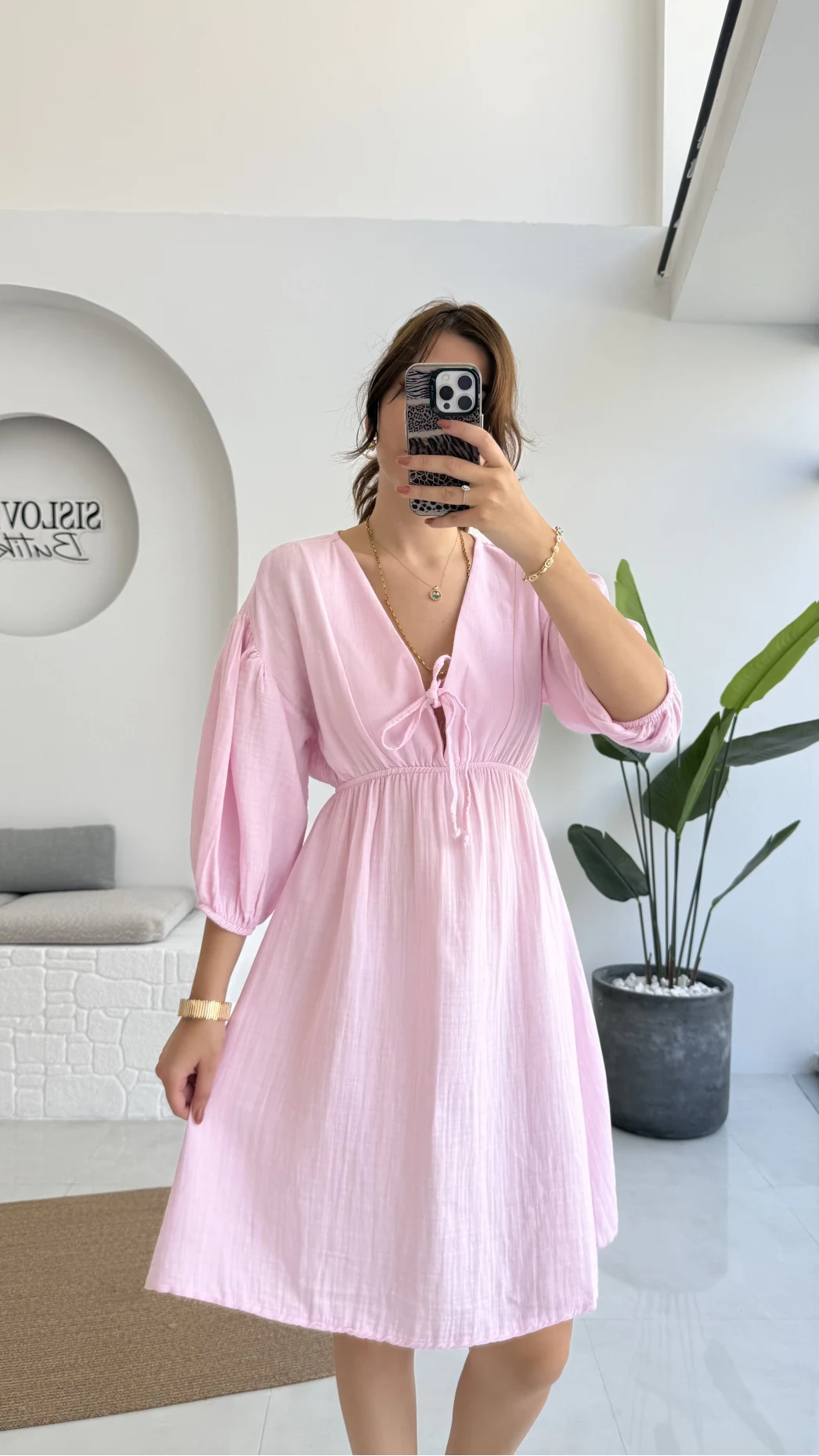 Müslin Kısa Becca Elbise Pembe