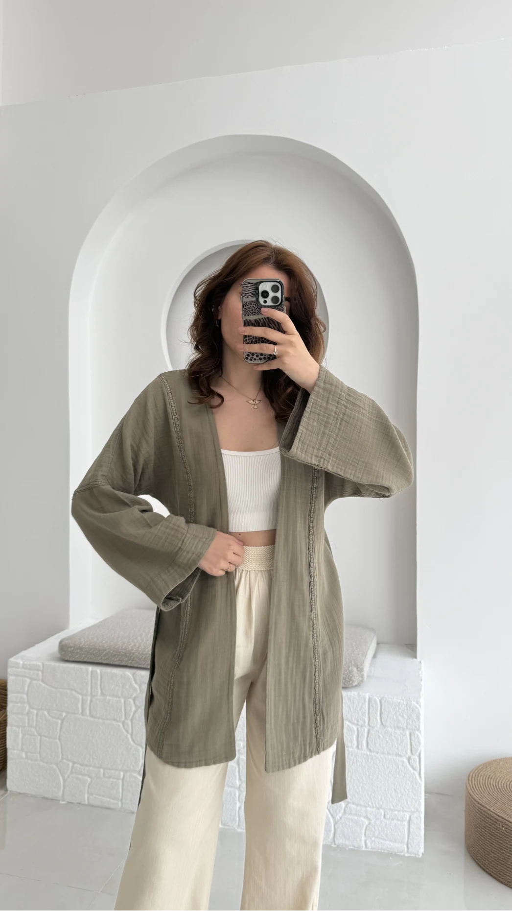 Müslin Kumaş Kimono Haki - 7011