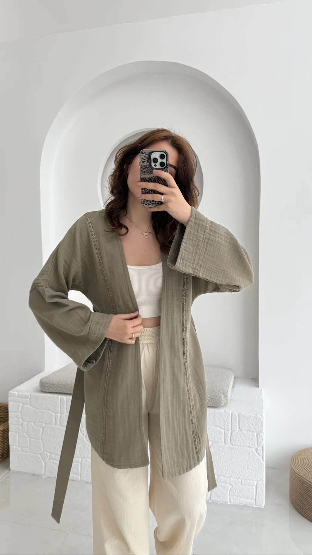 Müslin Kumaş Kimono Haki - 7011