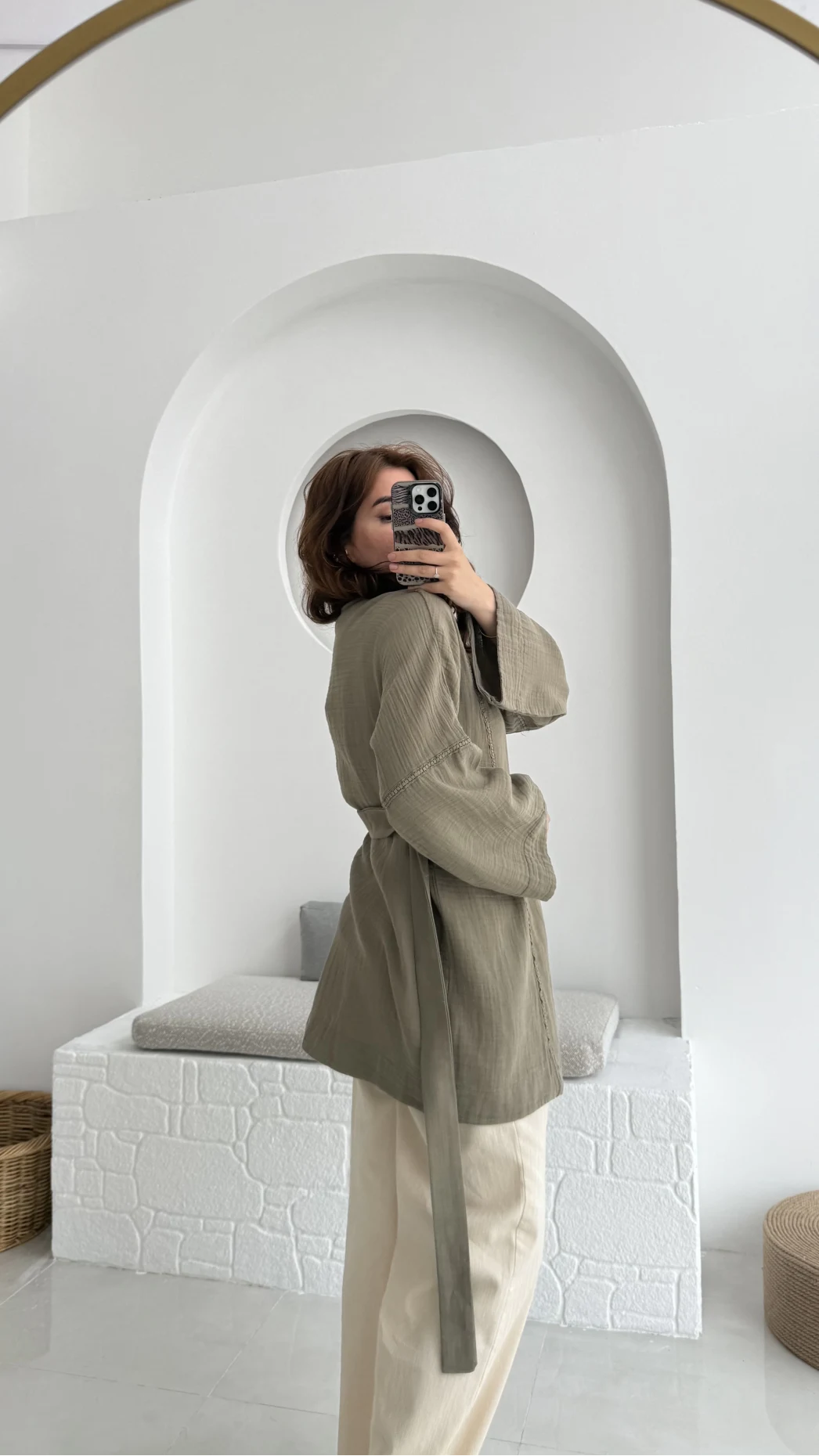 Müslin Kumaş Kimono Haki - 7011