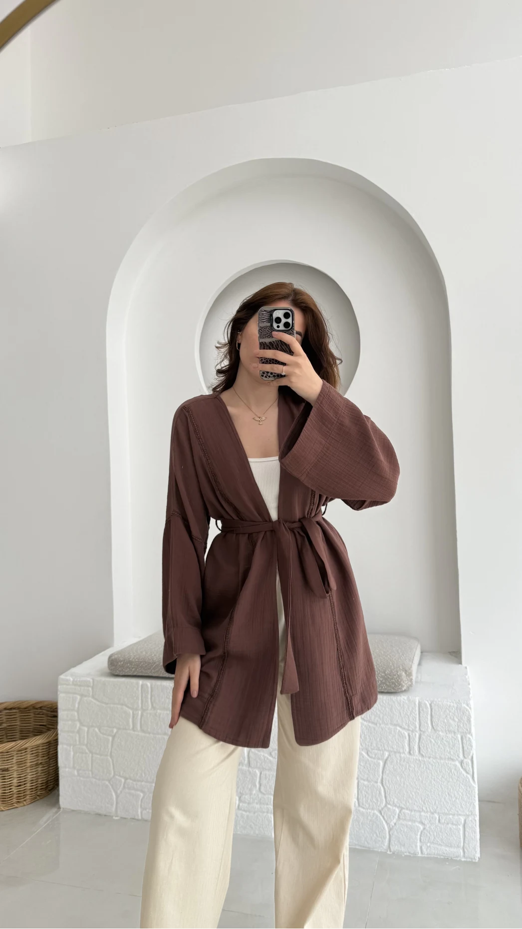 Müslin Kumaş Kimono Kahve - 7011