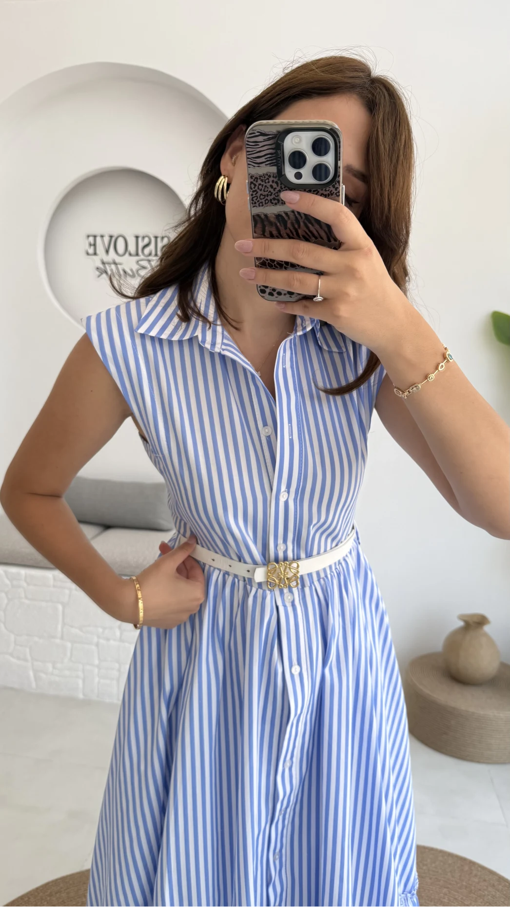 Nairobi Çizgili Kemerli Elbise - Açık Mavi - 205186