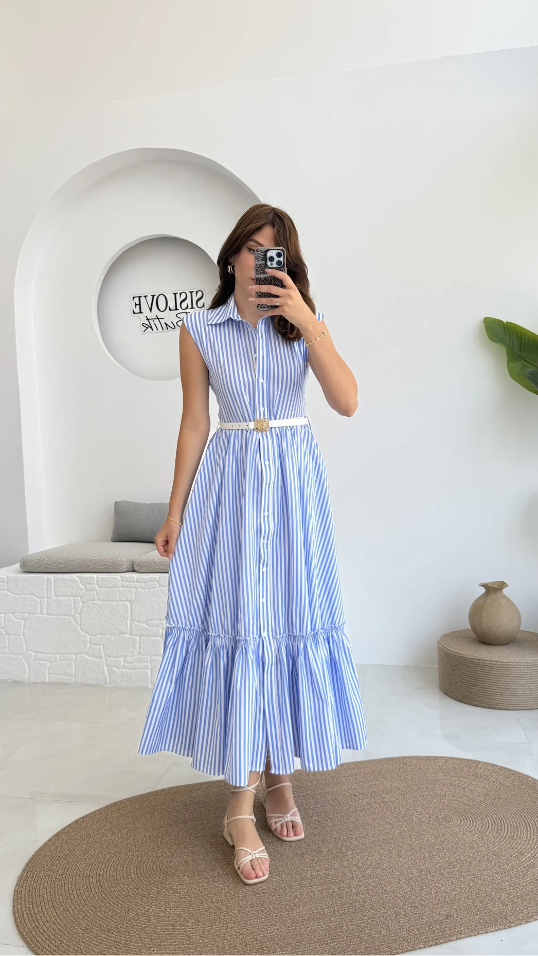 Nairobi Çizgili Kemerli Elbise - Açık Mavi - 205186