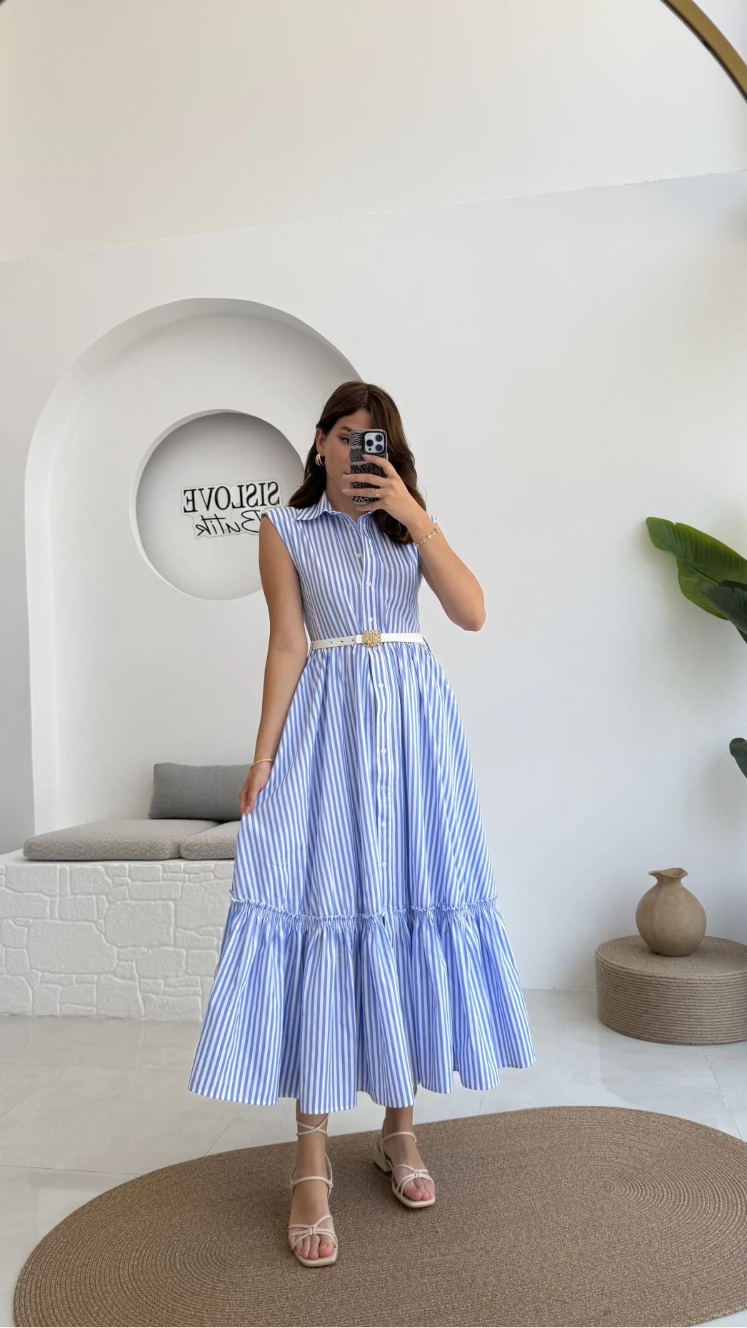 Nairobi Çizgili Kemerli Elbise - Açık Mavi - 205186