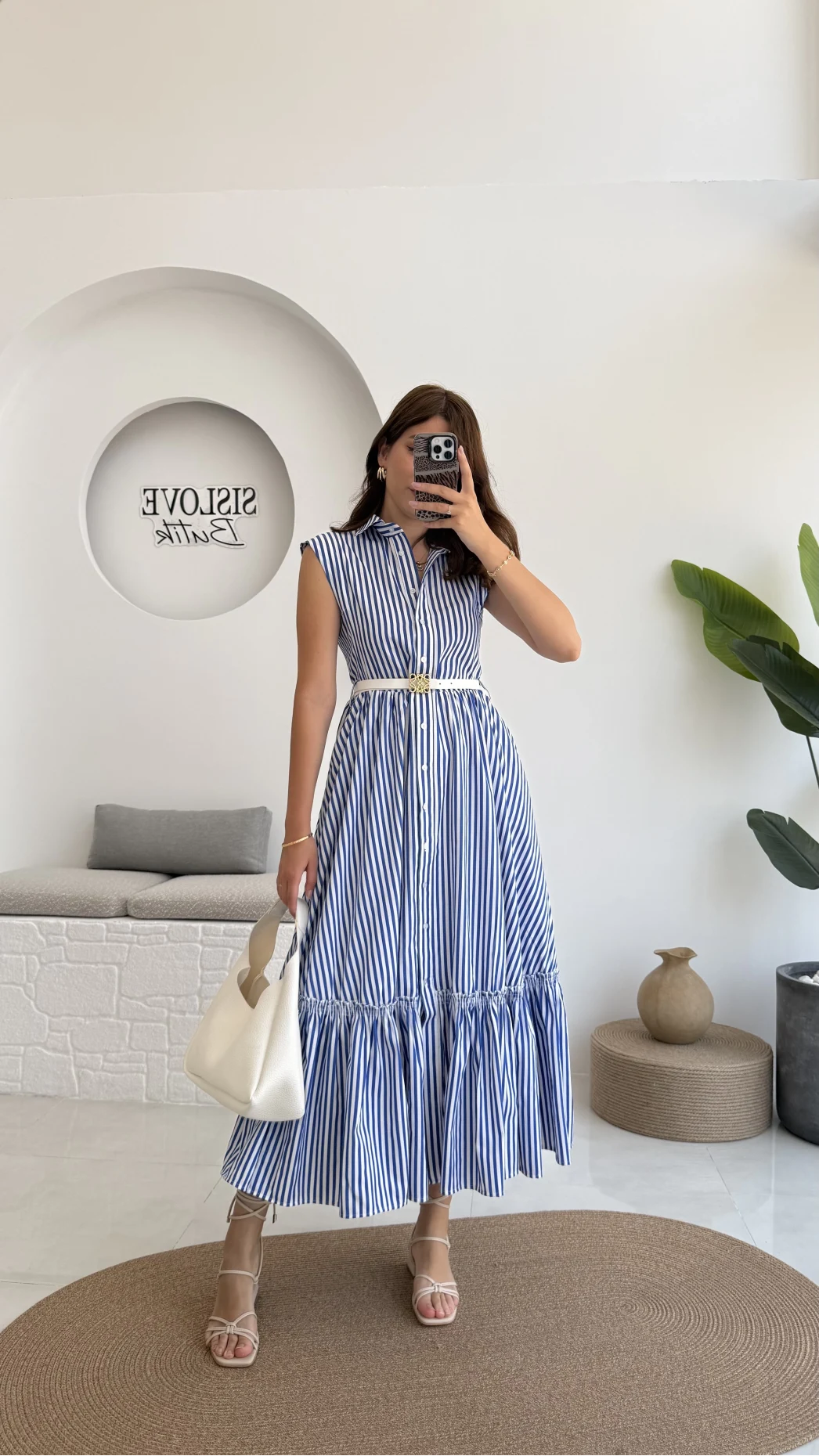 Nairobi Çizgili Kemerli Elbise - Koyu Mavi - 205186