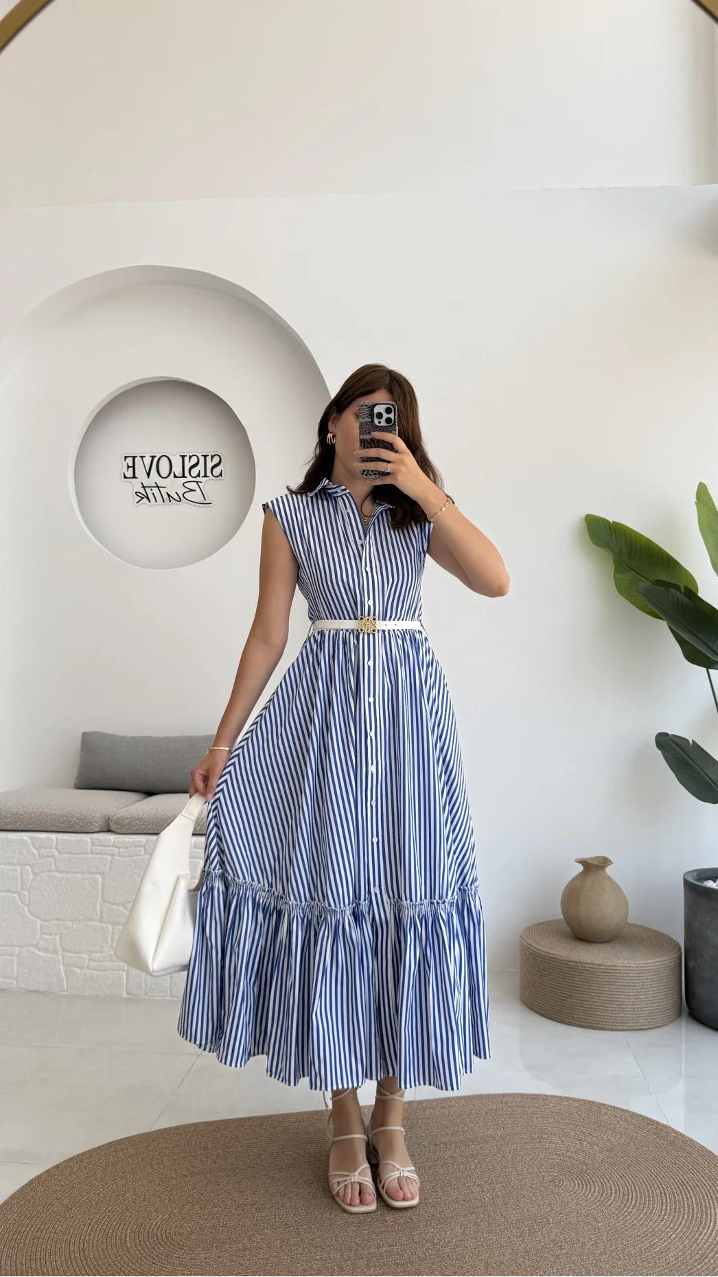 Nairobi Çizgili Kemerli Elbise - Koyu Mavi - 205186