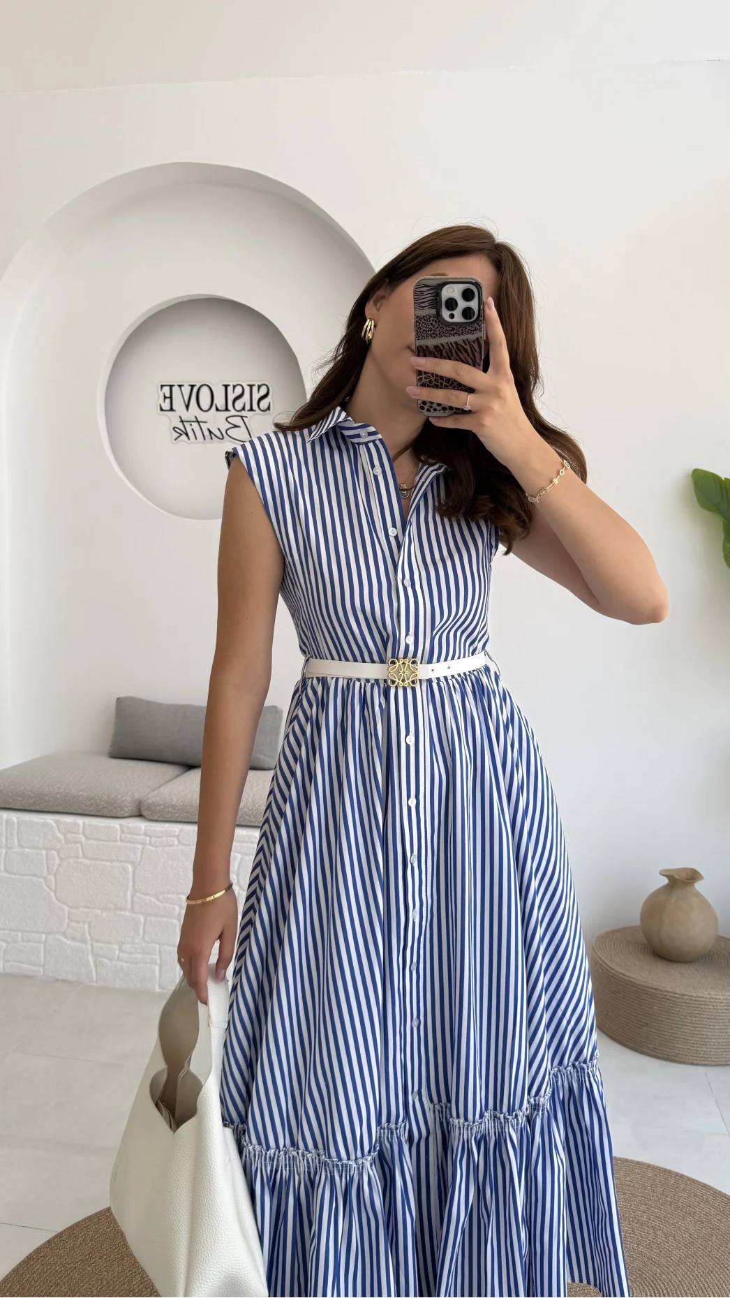 Nairobi Çizgili Kemerli Elbise - Koyu Mavi - 205186